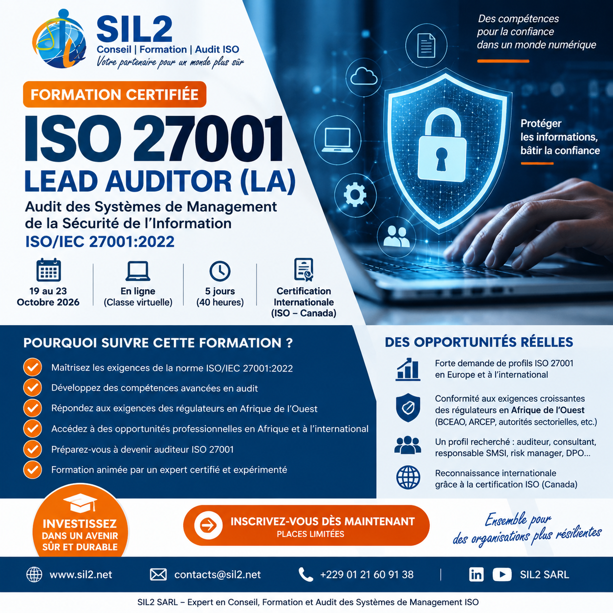 Formation ISO 27001 LA – Devenez Lead Auditor ISO/IEC 27001:2022 pour obtenir une opportunité à l&rsquo;International.